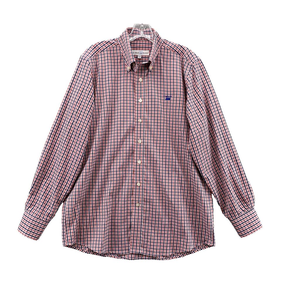 Bald Head Blues Shirt Men's Medium Red Blue Plaid Preppy Long Sleeve Golf Resort